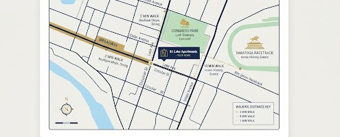 A sleek, stylized map showing the prime location of 81 Lake Ave in downtown Saratoga Springs. The map highlighting the short walking distance to Broadway's boutiques, the lush greenery of Congress Park, and the iconic Saratoga Racetrack. The color palette is sophisticated with rich navy and gold accents against a clean minimalist background.